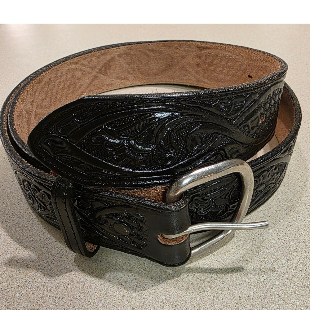 Vtg Nocona Western Belt Mens 40 Black 1.5"  Tooled Leather Made in USA S683, NEW